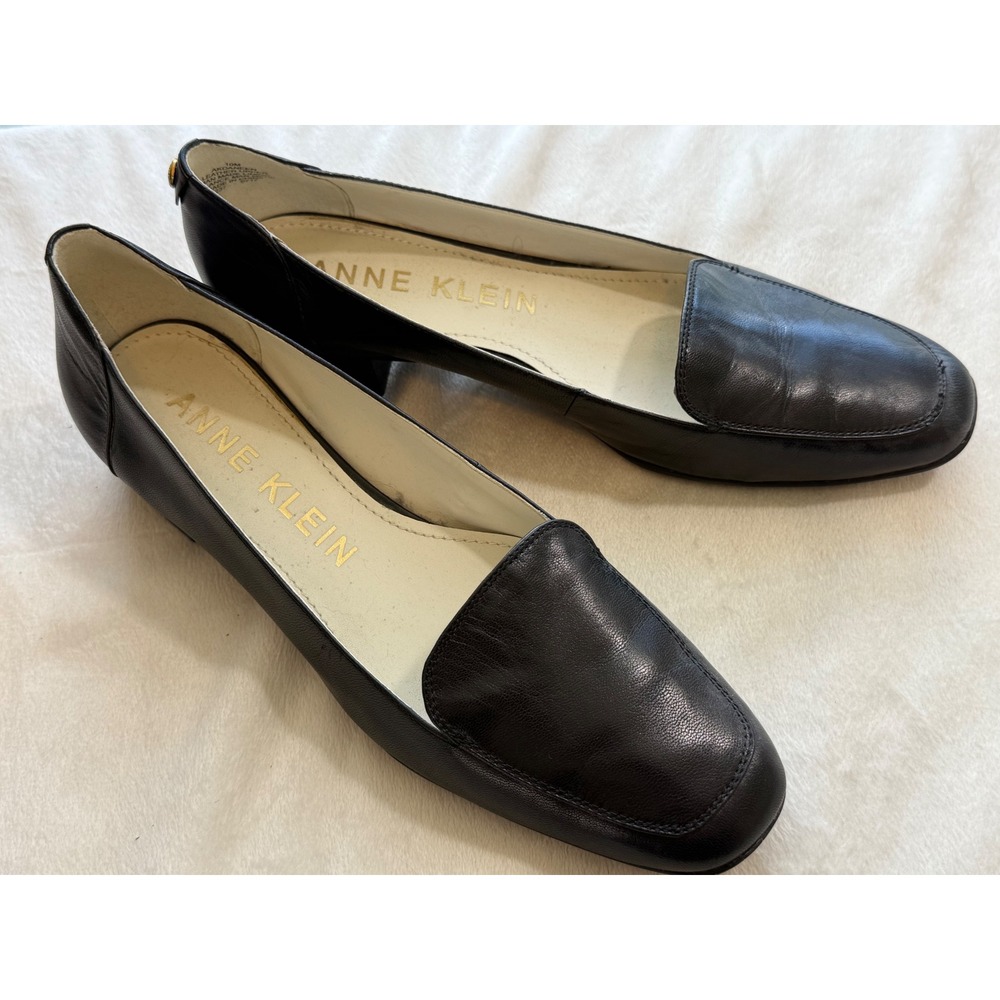 Anne Klein Women's 10M Black Leather Block Heel Pumps Career Chic Office